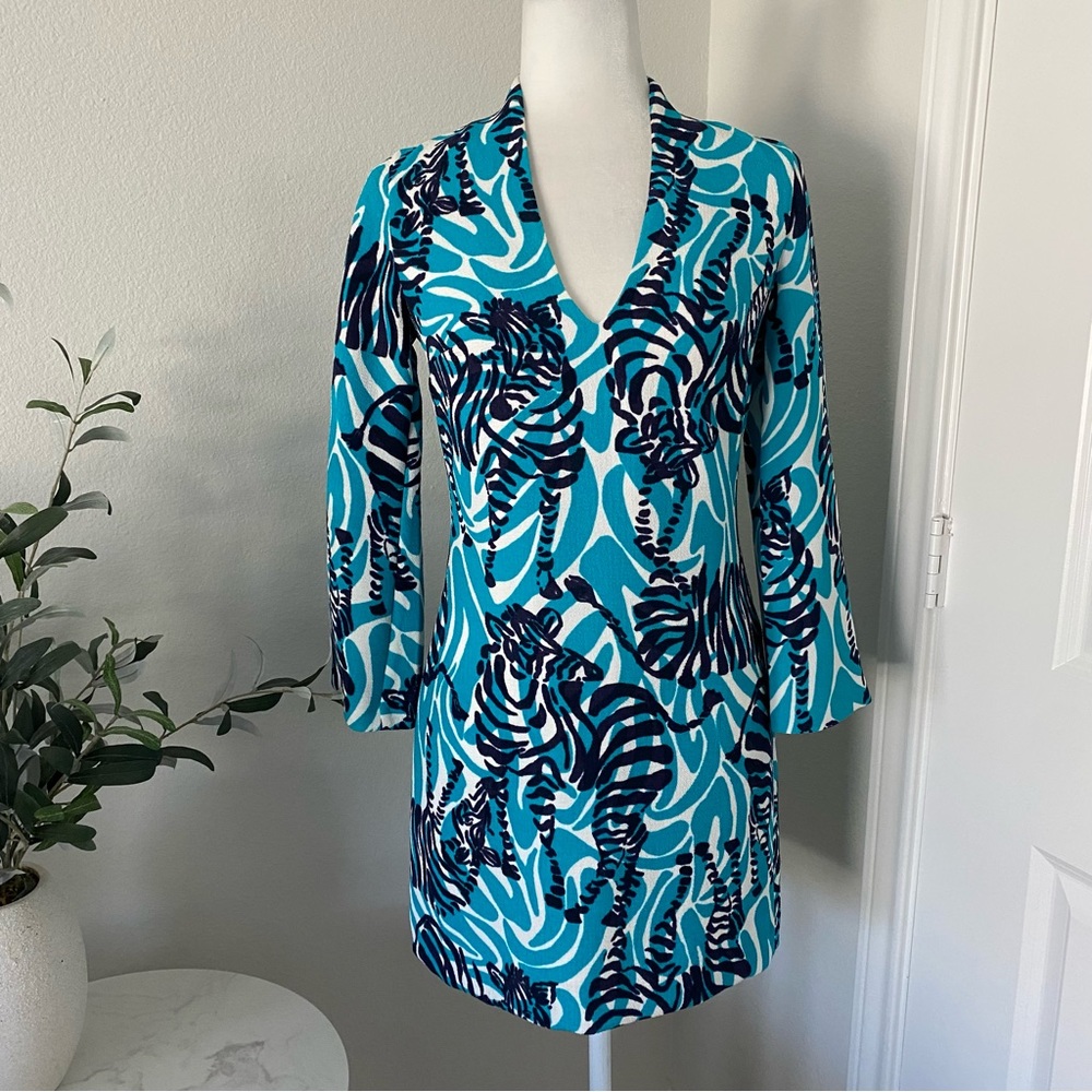 Lilly Pulitzer blue teal tunic long sleeve dress zebra 0